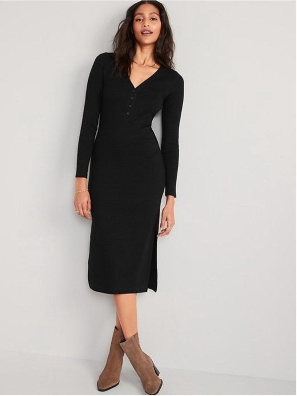Old Navy Ribbed Henley Midi Dress XL Extra Large Black Classic Minimalist